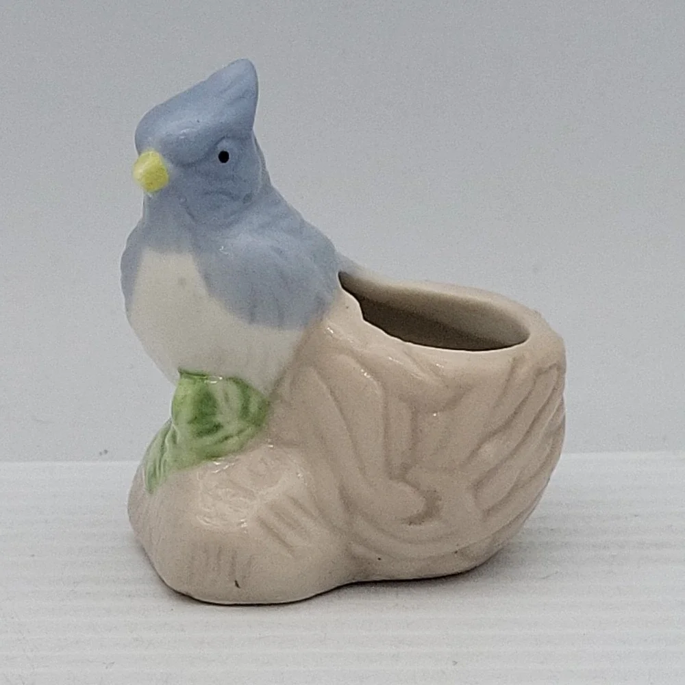 Blue Bird Toothpick Holder Pottery Ceramic Figurine Small Blue Jay Nest